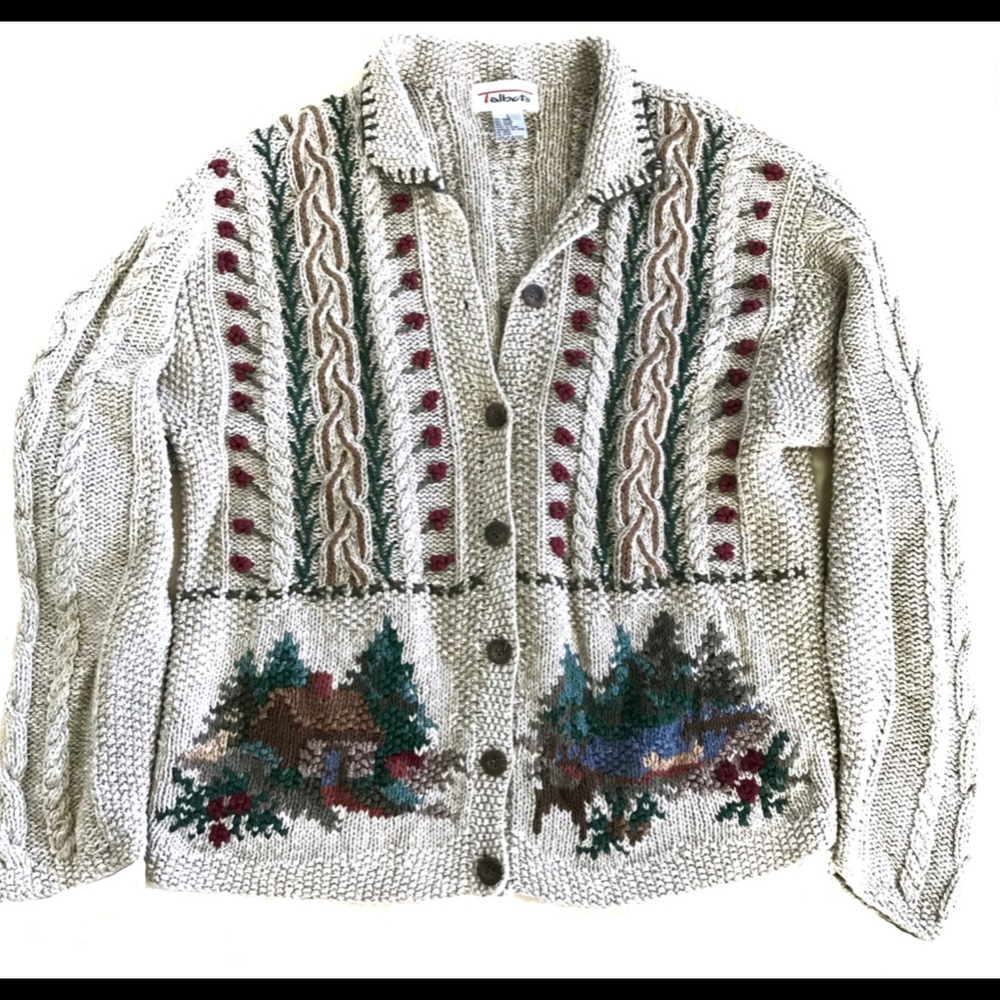 Vintage Talbot cardigan with forest/cabin Sz L